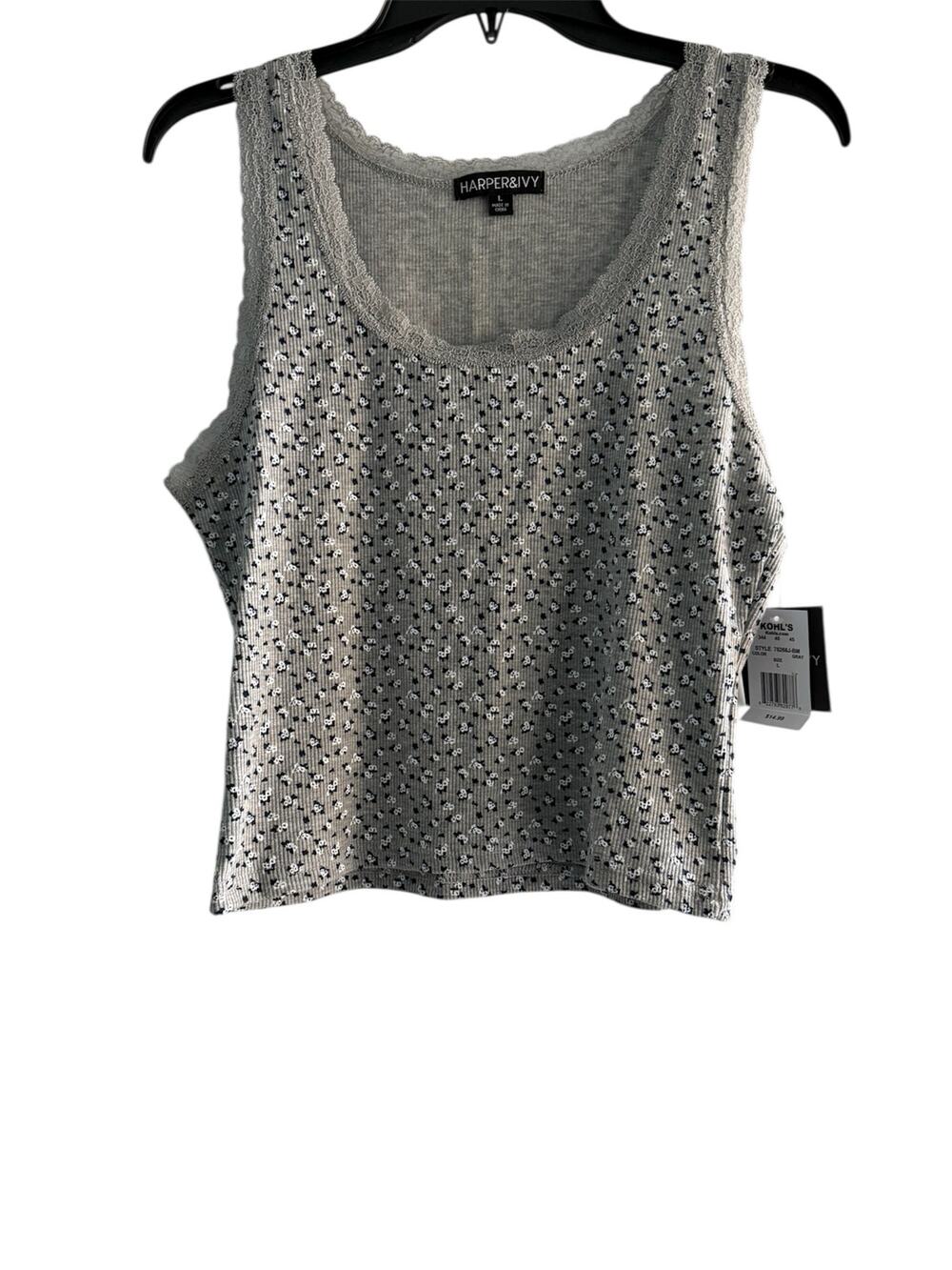 NWT Harper & Ivy Gray Ditsy Floral Lace Trim Sleep Tank Top Junior's Size Large